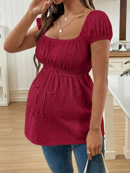 Green Square Neck Puff Sleeve Maternity Top - Elegant Ruched Textured Jacquard Flared Hem Long Sleeve Pregnancy T-Shirt