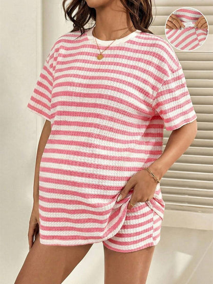 2-Piece Pink Striped Maternity Short Set - Loose Fit Round Neck Tee and Mini Shorts Casual Set for Daily Wear