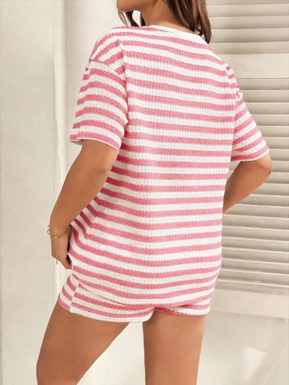 2-Piece Pink Striped Maternity Short Set - Loose Fit Round Neck Tee and Mini Shorts Casual Set for Daily Wear