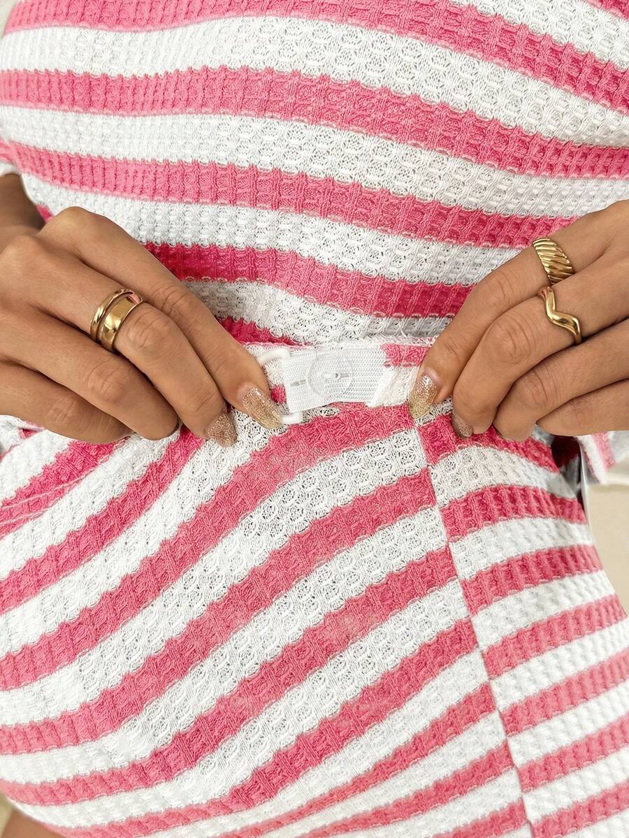 2-Piece Pink Striped Maternity Short Set - Loose Fit Round Neck Tee and Mini Shorts Casual Set for Daily Wear