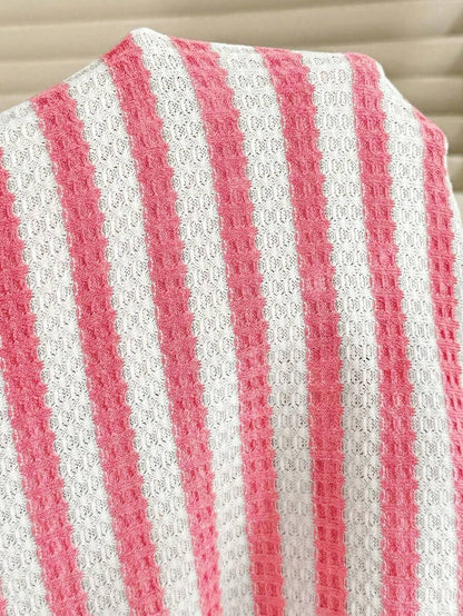 2-Piece Pink Striped Maternity Short Set - Loose Fit Round Neck Tee and Mini Shorts Casual Set for Daily Wear