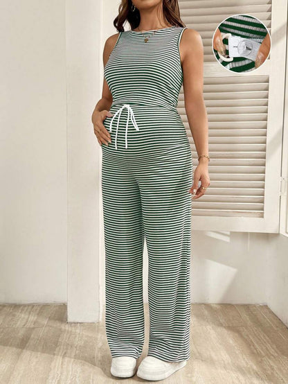 2-Piece Striped Maternity Camisole and Pants Set - Brown Slim Fit Sleeveless Top and Long Drawstring Pants Terno Outfit