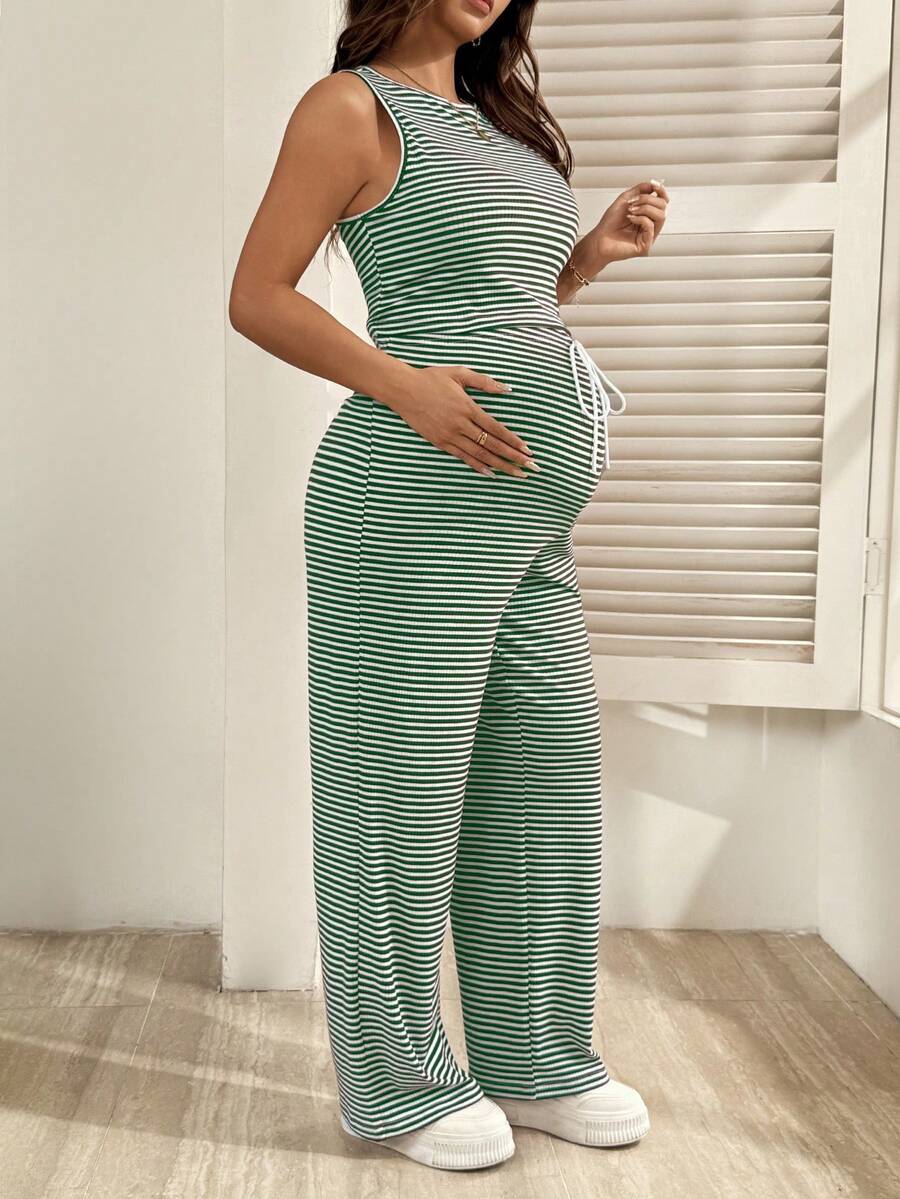 2-Piece Striped Maternity Camisole and Pants Set - Brown Slim Fit Sleeveless Top and Long Drawstring Pants Terno Outfit