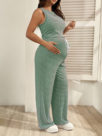 2-Piece Striped Maternity Camisole and Pants Set - Brown Slim Fit Sleeveless Top and Long Drawstring Pants Terno Outfit