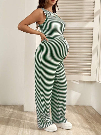 2-Piece Striped Maternity Camisole and Pants Set - Brown Slim Fit Sleeveless Top and Long Drawstring Pants Terno Outfit