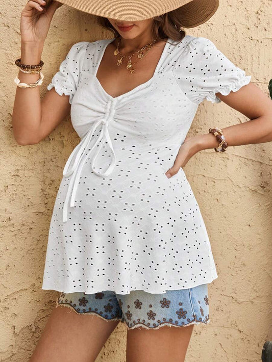 White Textured A-Line Maternity Top with Puff Sleeves - Sweetheart Neck Bow Front Holiday Shirt for Summer