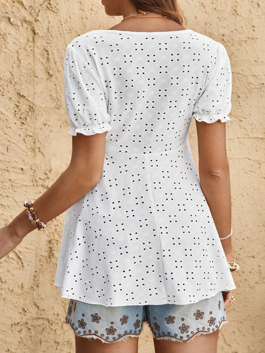 White Textured A-Line Maternity Top with Puff Sleeves - Sweetheart Neck Bow Front Holiday Shirt for Summer