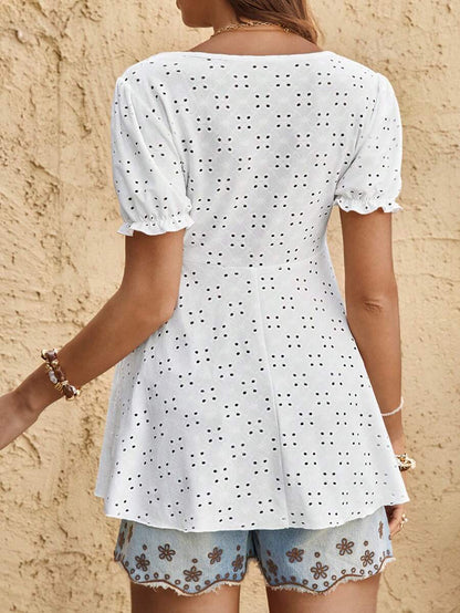 White Textured A-Line Maternity Top with Puff Sleeves - Sweetheart Neck Bow Front Holiday Shirt for Summer