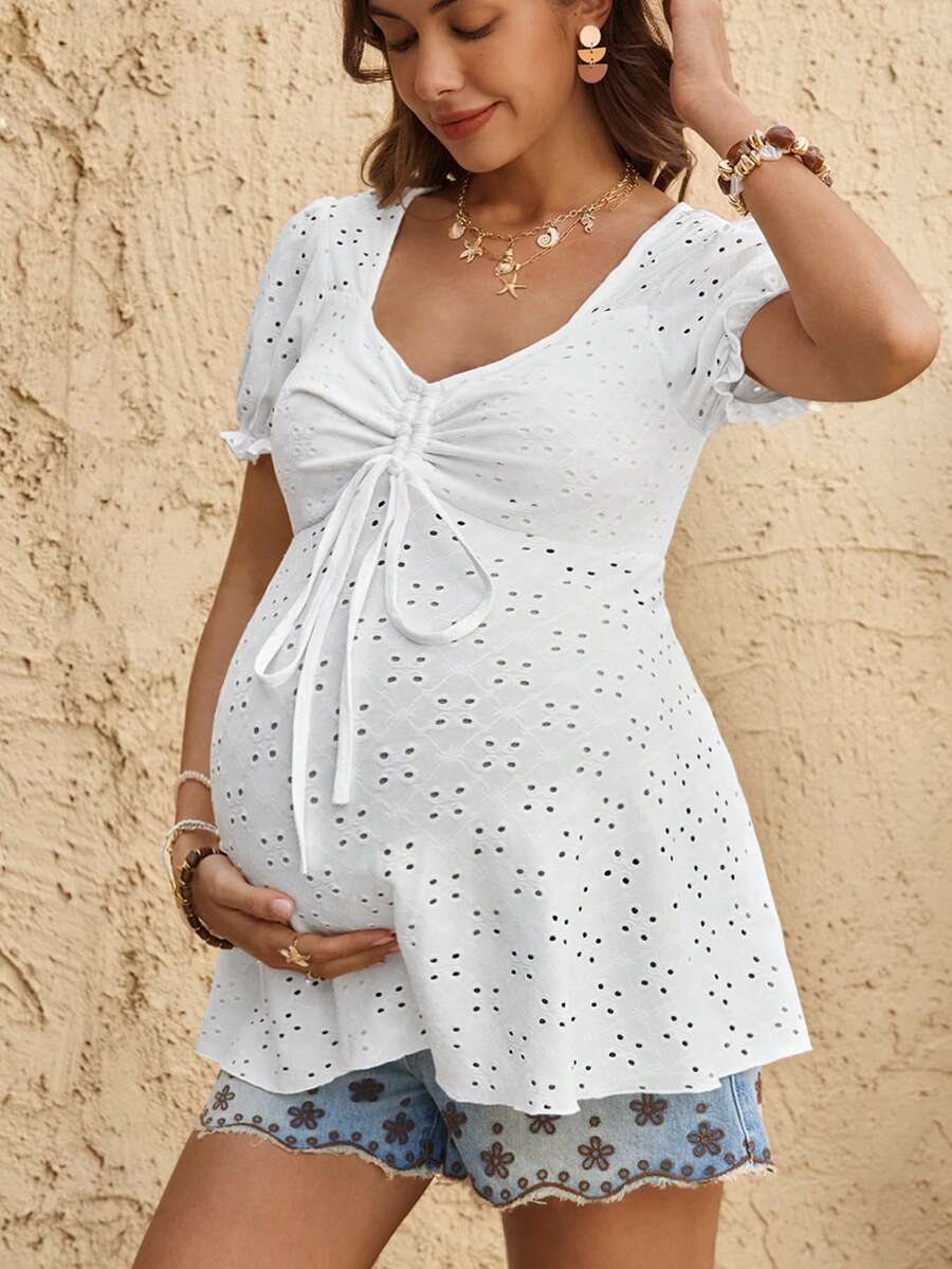 White Textured A-Line Maternity Top with Puff Sleeves - Sweetheart Neck Bow Front Holiday Shirt for Summer