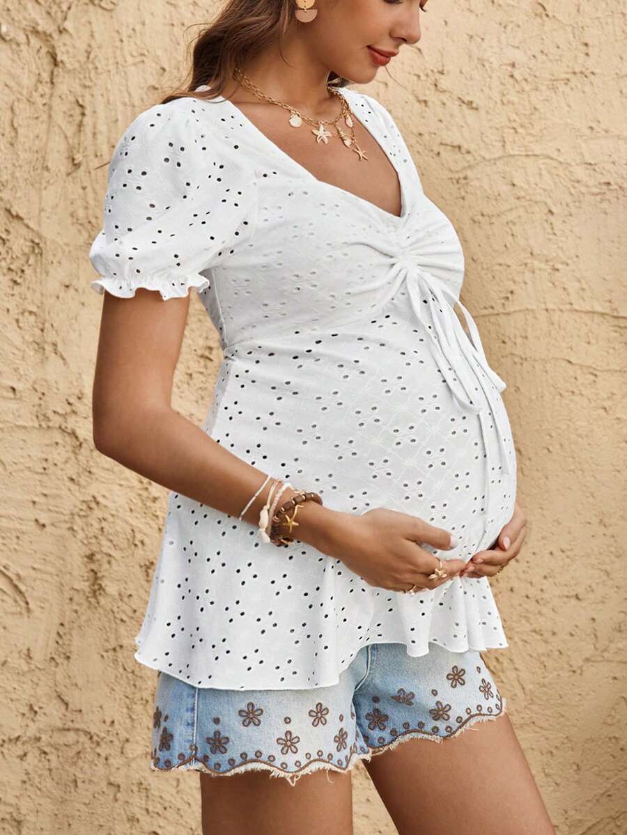 White Textured A-Line Maternity Top with Puff Sleeves - Sweetheart Neck Bow Front Holiday Shirt for Summer
