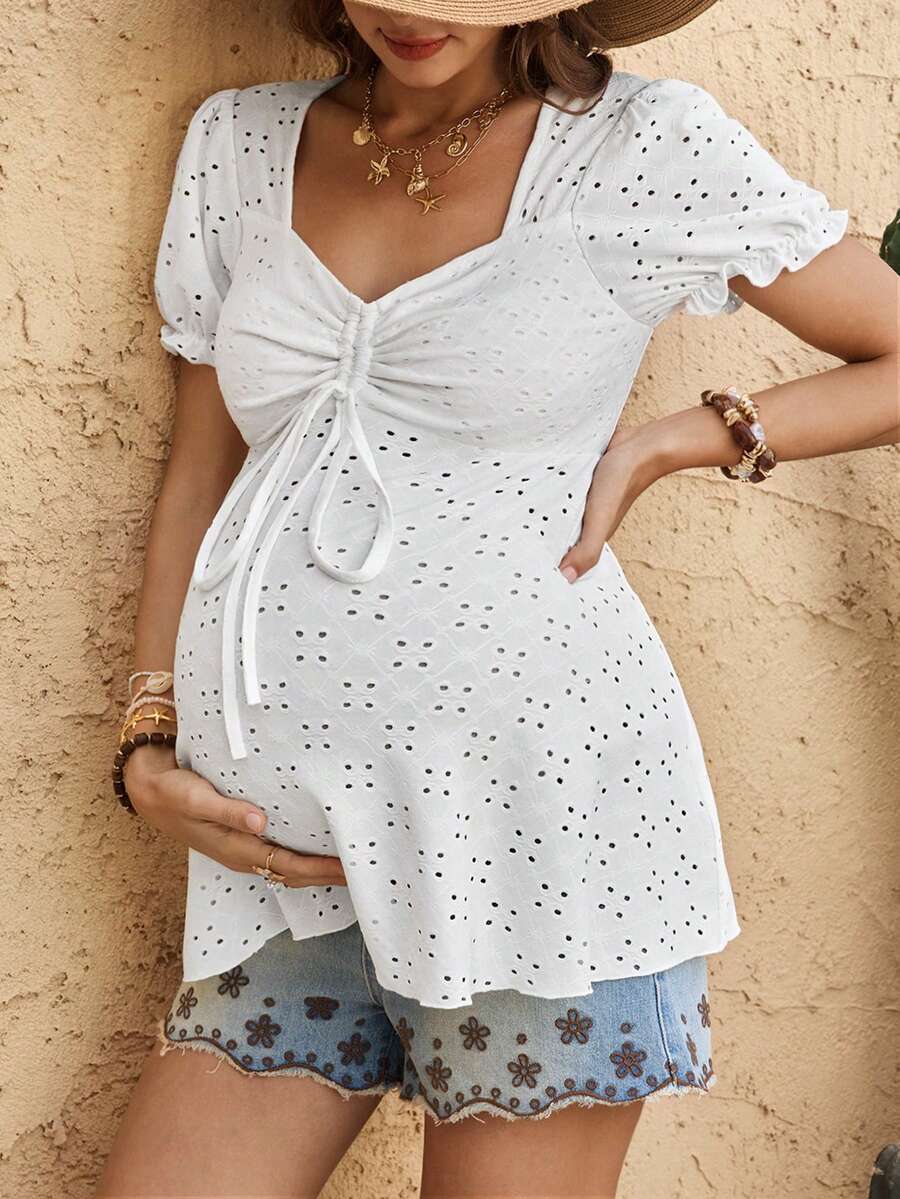 White Textured A-Line Maternity Top with Puff Sleeves - Sweetheart Neck Bow Front Holiday Shirt for Summer