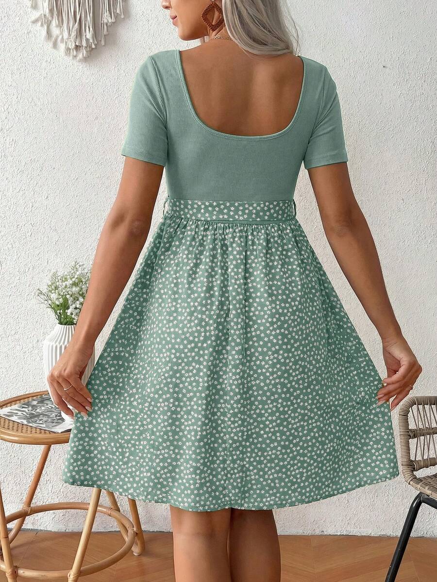 Green Ditsy Floral Maternity Summer Dress - Square Neck Short Sleeve A-Line High Waist Casual Beach Mini Dress