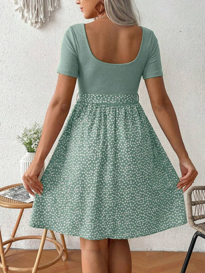 Green Ditsy Floral Maternity Summer Dress - Square Neck Short Sleeve A-Line High Waist Casual Beach Mini Dress