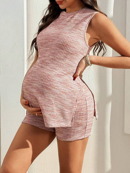 Maternity Plaid Camisole and Shorts Set - Side Slit, Slim Fit, Sleeveless, Blue