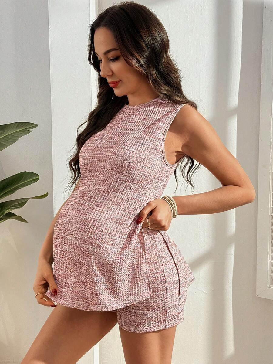 Maternity Tweed Plaid Knit Camisole and Shorts Set  Green Sleeveless Round Neck Slim Fit Two-Piece Beach Vacation Outfit
