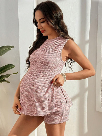 Maternity Plaid Camisole and Shorts Set - Side Slit, Slim Fit, Sleeveless, Blue