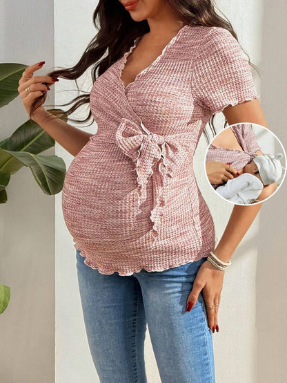 Maternity V-Neck Waffle Knit T-Shirt - Colorful Short Sleeve Casual Nursing Top