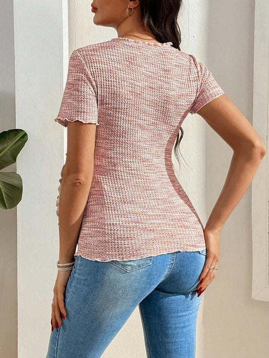 Multicolor Knitted Waffle V-Neck Maternity T-Shirt - Slim Fit High Stretch Short Sleeve Breastfeeding Friendly Casual Nursing Top