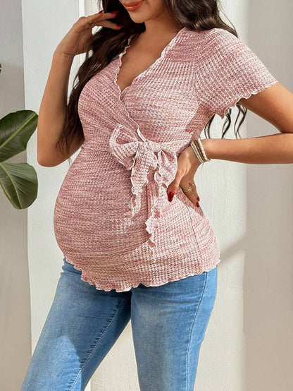 Maternity V-Neck Waffle Knit T-Shirt - Colorful Short Sleeve Casual Nursing Top