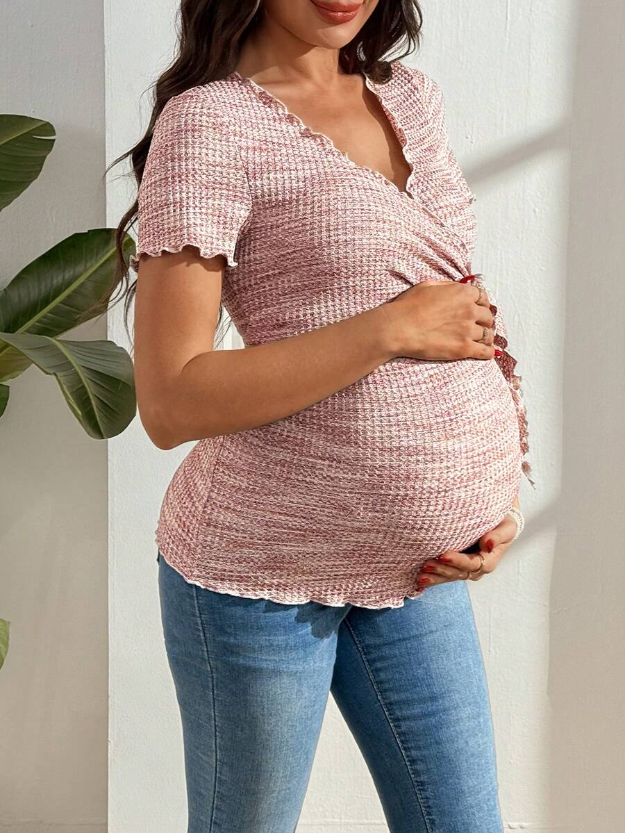 Maternity V-Neck Waffle Knit T-Shirt - Colorful Short Sleeve Casual Nursing Top