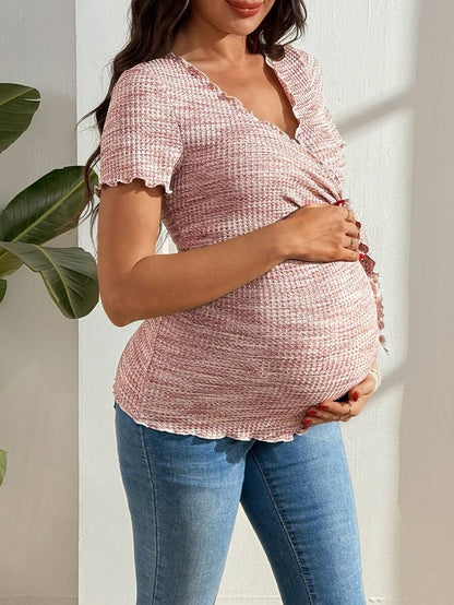 Maternity V-Neck Waffle Knit T-Shirt - Colorful Short Sleeve Casual Nursing Top