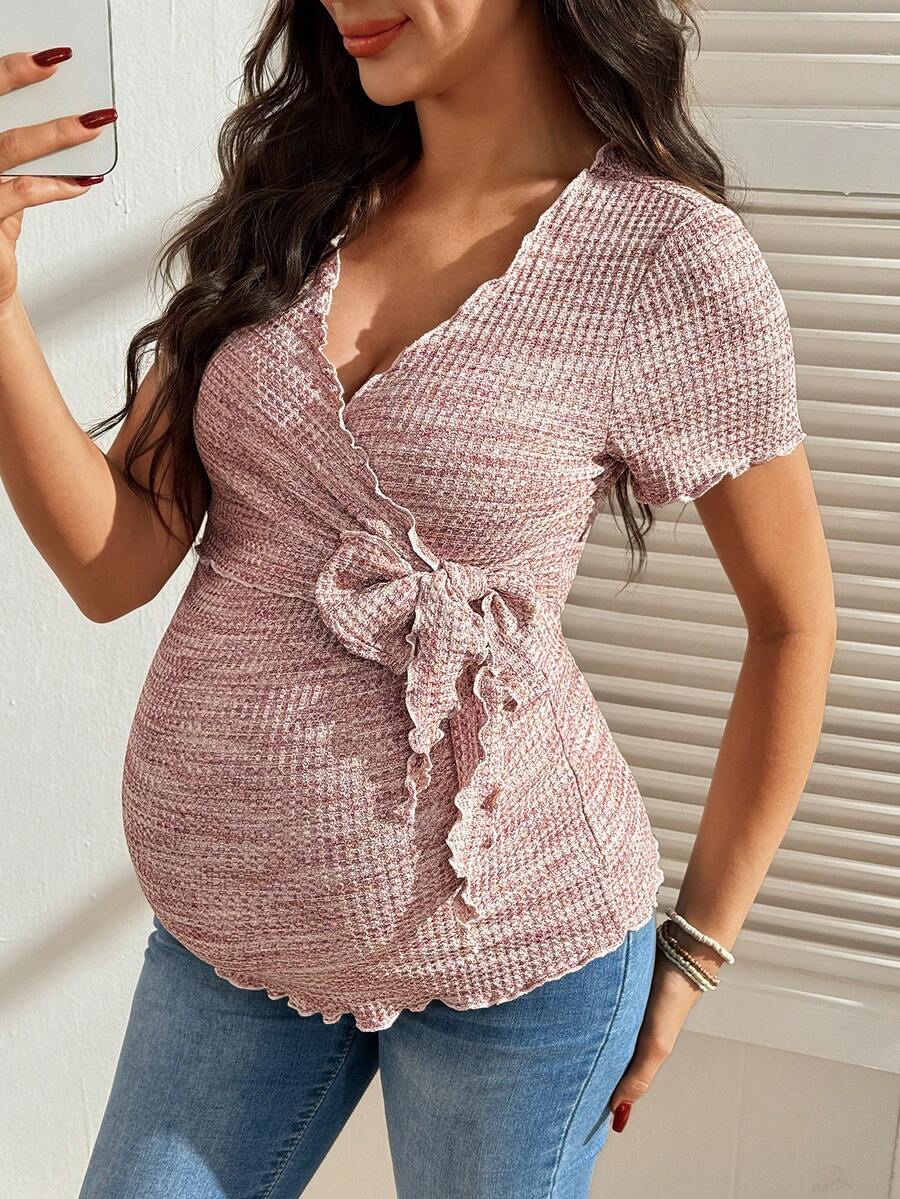 Multicolor Knitted Waffle V-Neck Maternity T-Shirt - Slim Fit High Stretch Short Sleeve Breastfeeding Friendly Casual Nursing Top