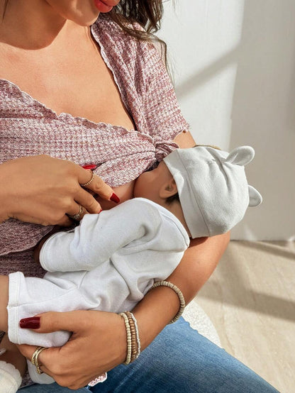 Maternity V-Neck Waffle Knit T-Shirt - Colorful Short Sleeve Casual Nursing Top