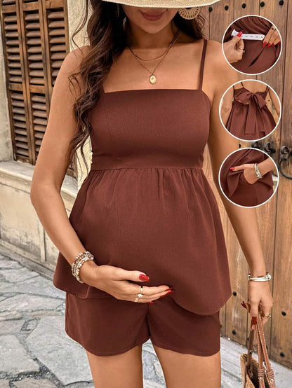 Maternity Summer Casual Vacation Ruffle Hem Camisole and Mini Shorts 2 Piece Set Off the Shoulder Sleeveless Brown Holiday Outfit