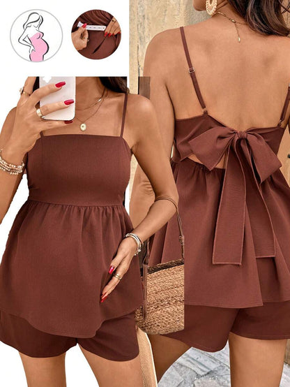2-Piece Maternity Tie-Back Camisole and Shorts Set - Solid Color Adjustable Waist Off-the-Shoulder Holiday Outfit