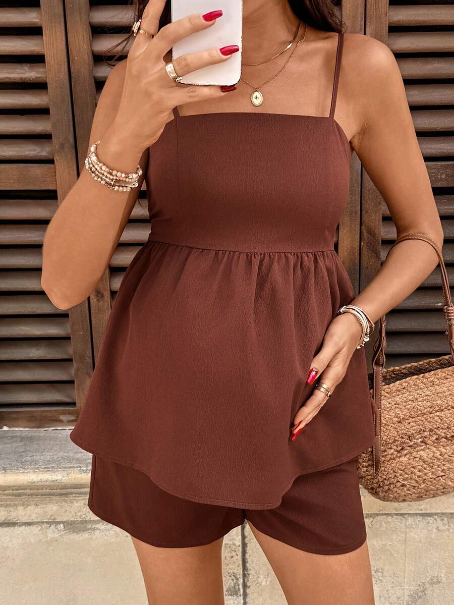 Maternity Summer Casual Vacation Ruffle Hem Camisole and Mini Shorts 2 Piece Set Off the Shoulder Sleeveless Brown Holiday Outfit