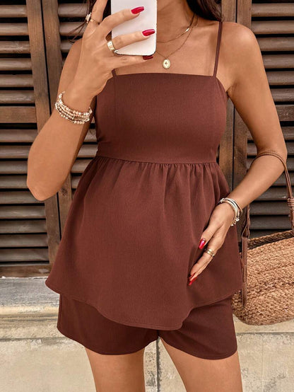 2-Piece Maternity Tie-Back Camisole and Shorts Set - Solid Color Adjustable Waist Off-the-Shoulder Holiday Outfit