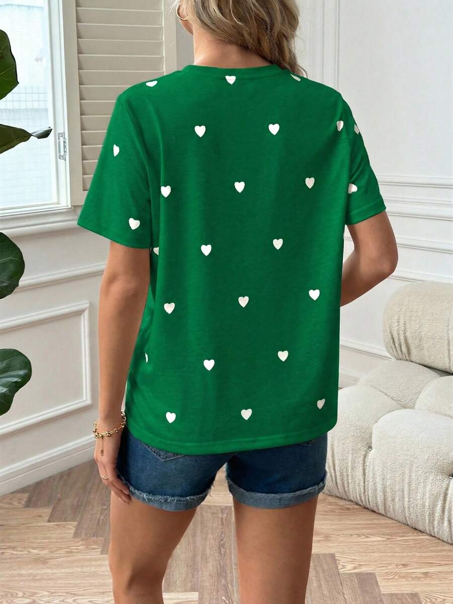 Maternity Heart Print Short Sleeve Round Neck T-Shirt White Knit Casual Summer Top for Valentine's Day and Daily Wear