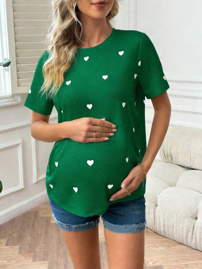 Apricot Heart Print Short Sleeve Maternity T-Shirt - Casual Round Neck Knitted Summer Top for Daily Wear and Valentine's Day