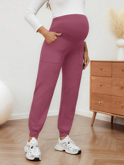 Maternity Sports Sweatpants Army Green Ultra High Waist Belly Support Knitted Joggers with Pockets for Beach and Casual Wear