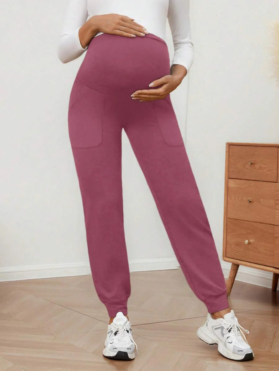 Maternity Sports Sweatpants Army Green Ultra High Waist Belly Support Knitted Joggers with Pockets for Beach and Casual Wear