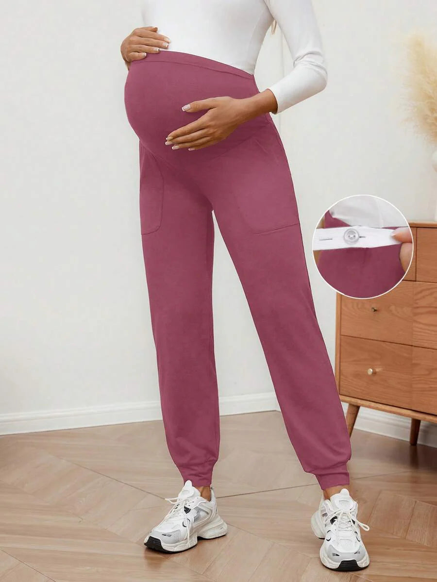Maternity Sports Sweatpants Army Green Ultra High Waist Belly Support Knitted Joggers with Pockets for Beach and Casual Wear
