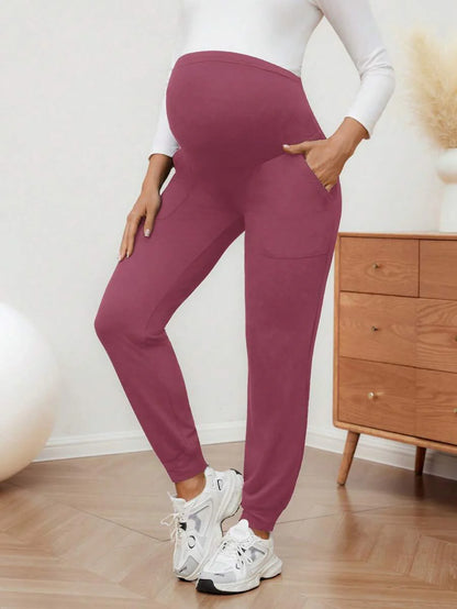 Maternity Sports Sweatpants Army Green Ultra High Waist Belly Support Knitted Joggers with Pockets for Beach and Casual Wear