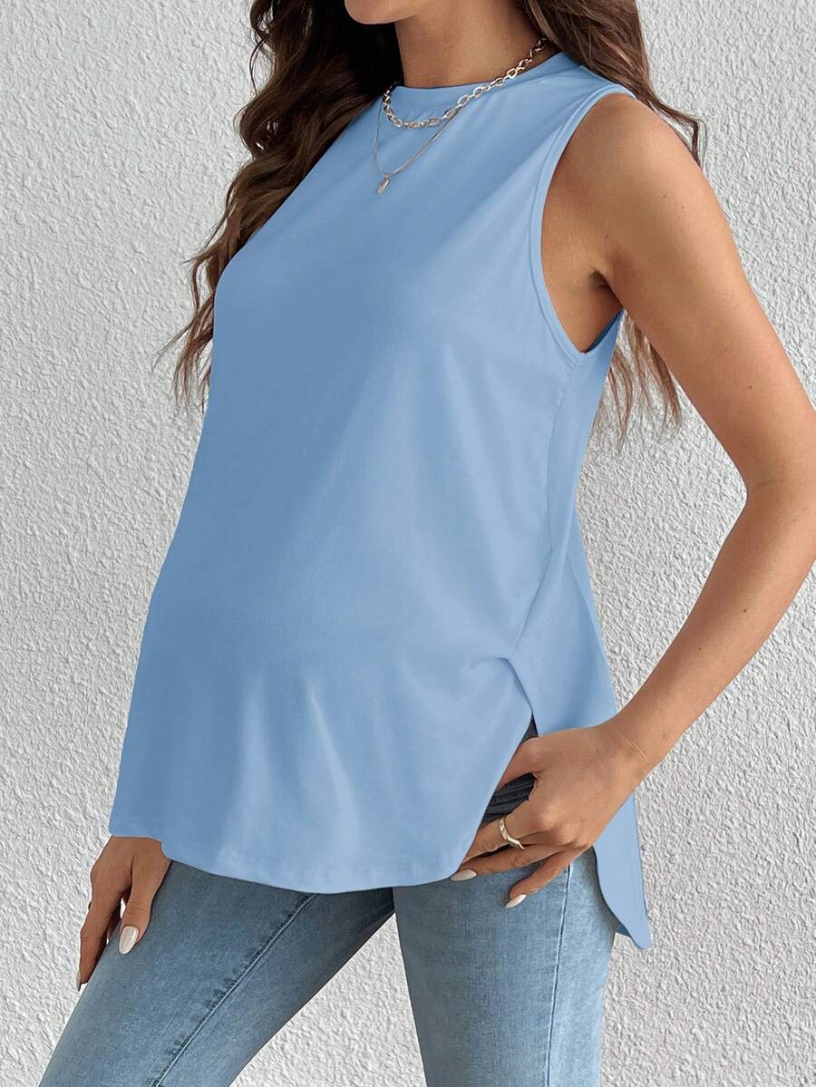 White Asymmetrical Maternity Tank Top - Casual Round Neck High Stretch Loose Fit Knitted Sleeveless Shirt for Travel & Daily Wear