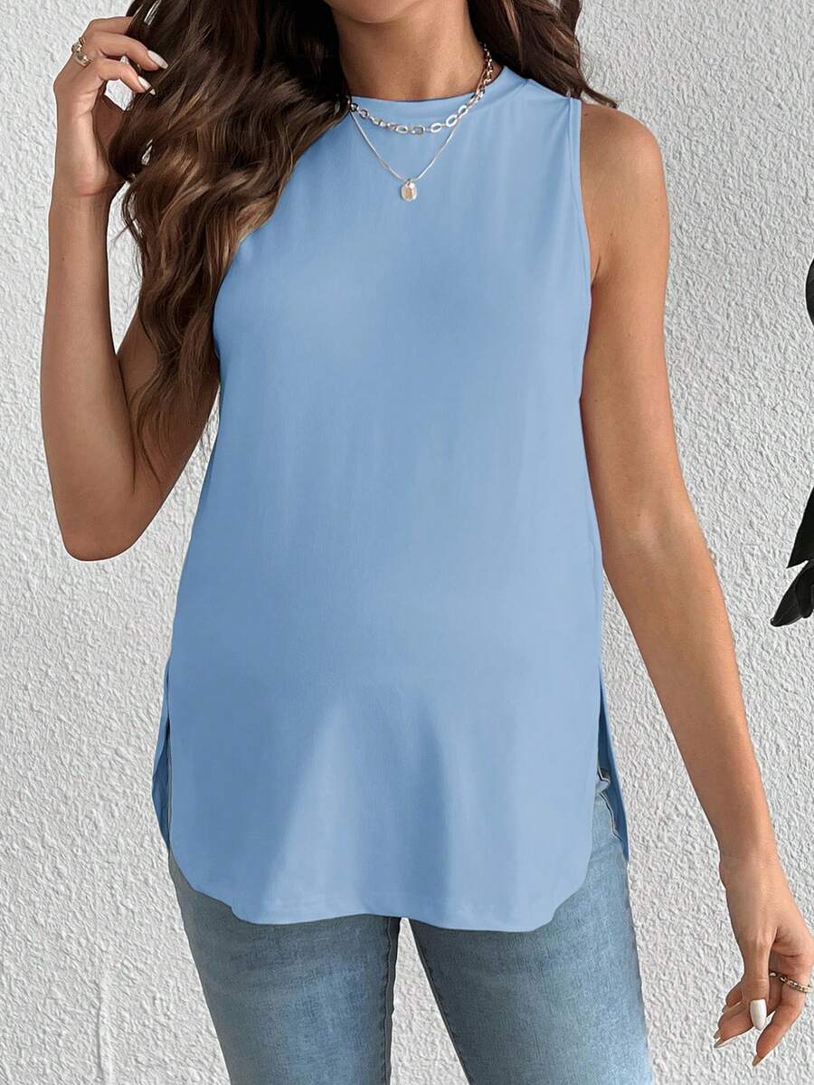 White Asymmetrical Maternity Tank Top - Casual Round Neck High Stretch Loose Fit Knitted Sleeveless Shirt for Travel & Daily Wear
