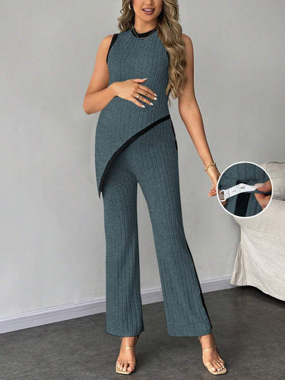 2-Piece Maternity Slim Fit Sleeveless Top and Straight Leg Pants Set - Asymmetrical Round Neck High Stretch Knit Casual Lounge Set