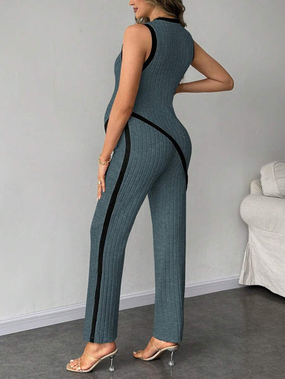 2-Piece Maternity Slim Fit Sleeveless Top and Straight Leg Pants Set - Asymmetrical Round Neck High Stretch Knit Casual Lounge Set