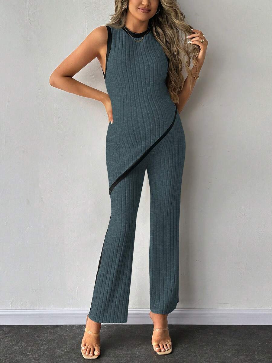 2-Piece Maternity Slim Fit Sleeveless Top and Straight Leg Pants Set - Asymmetrical Round Neck High Stretch Knit Casual Lounge Set