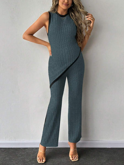 2-Piece Maternity Slim Fit Sleeveless Top and Straight Leg Pants Set - Asymmetrical Round Neck High Stretch Knit Casual Lounge Set