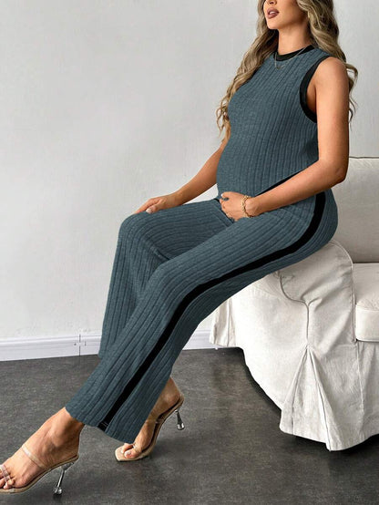 2-Piece Maternity Slim Fit Sleeveless Top and Straight Leg Pants Set - Asymmetrical Round Neck High Stretch Knit Casual Lounge Set