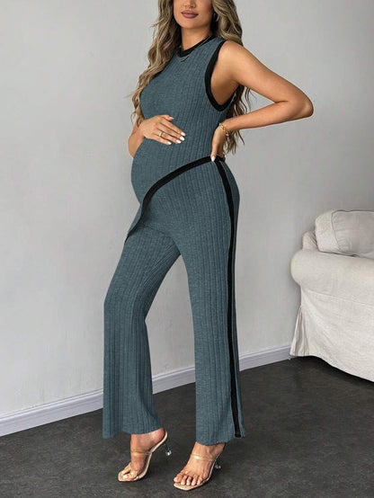 2-Piece Maternity Slim Fit Sleeveless Top and Straight Leg Pants Set - Asymmetrical Round Neck High Stretch Knit Casual Lounge Set