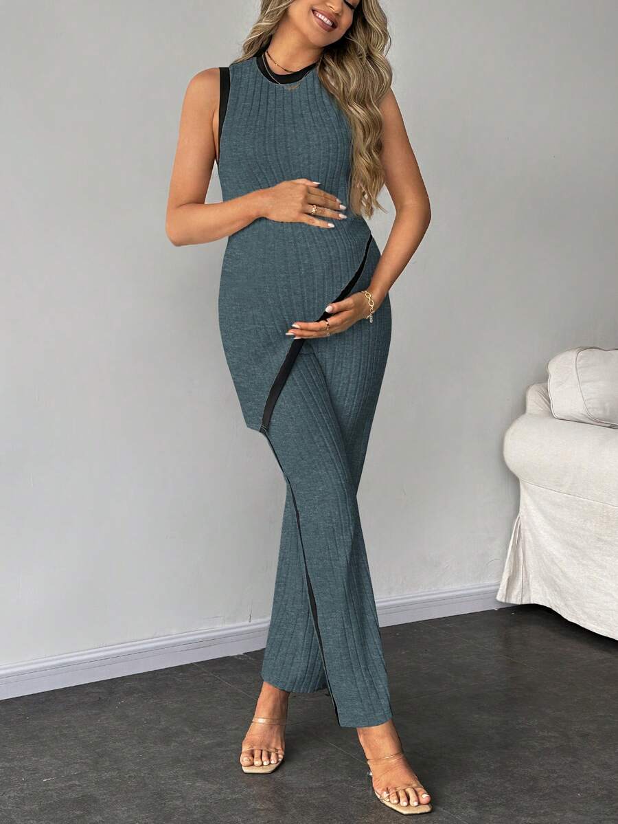 2-Piece Maternity Slim Fit Sleeveless Top and Straight Leg Pants Set - Asymmetrical Round Neck High Stretch Knit Casual Lounge Set