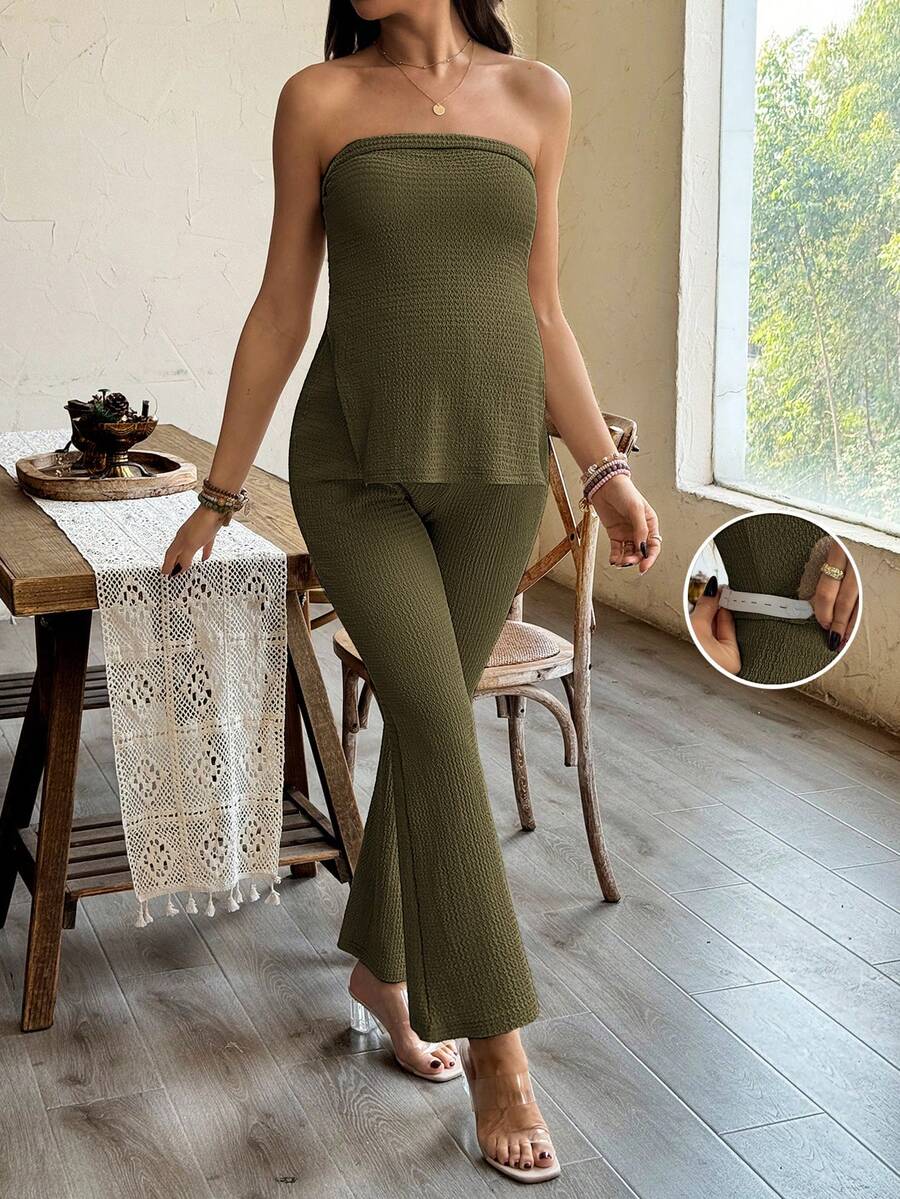 Maternity 2 Piece Set Strapless Bandeau Tube Top and Split Hem Flare Pants Slim Fit Knit Casual Pregnancy Outfit in Blue