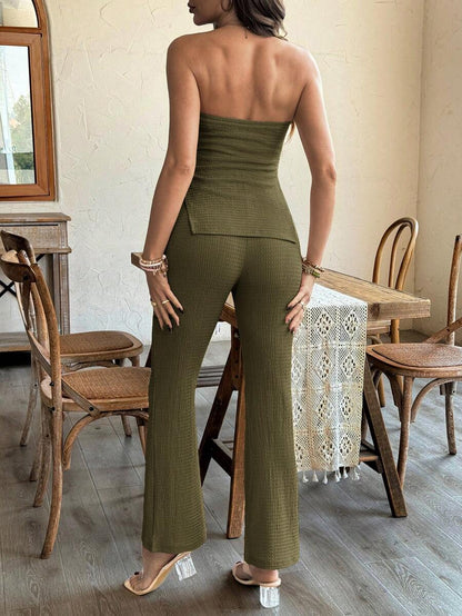 Maternity 2 Piece Set Strapless Bandeau Tube Top and Split Hem Flare Pants Slim Fit Knit Casual Pregnancy Outfit in Blue