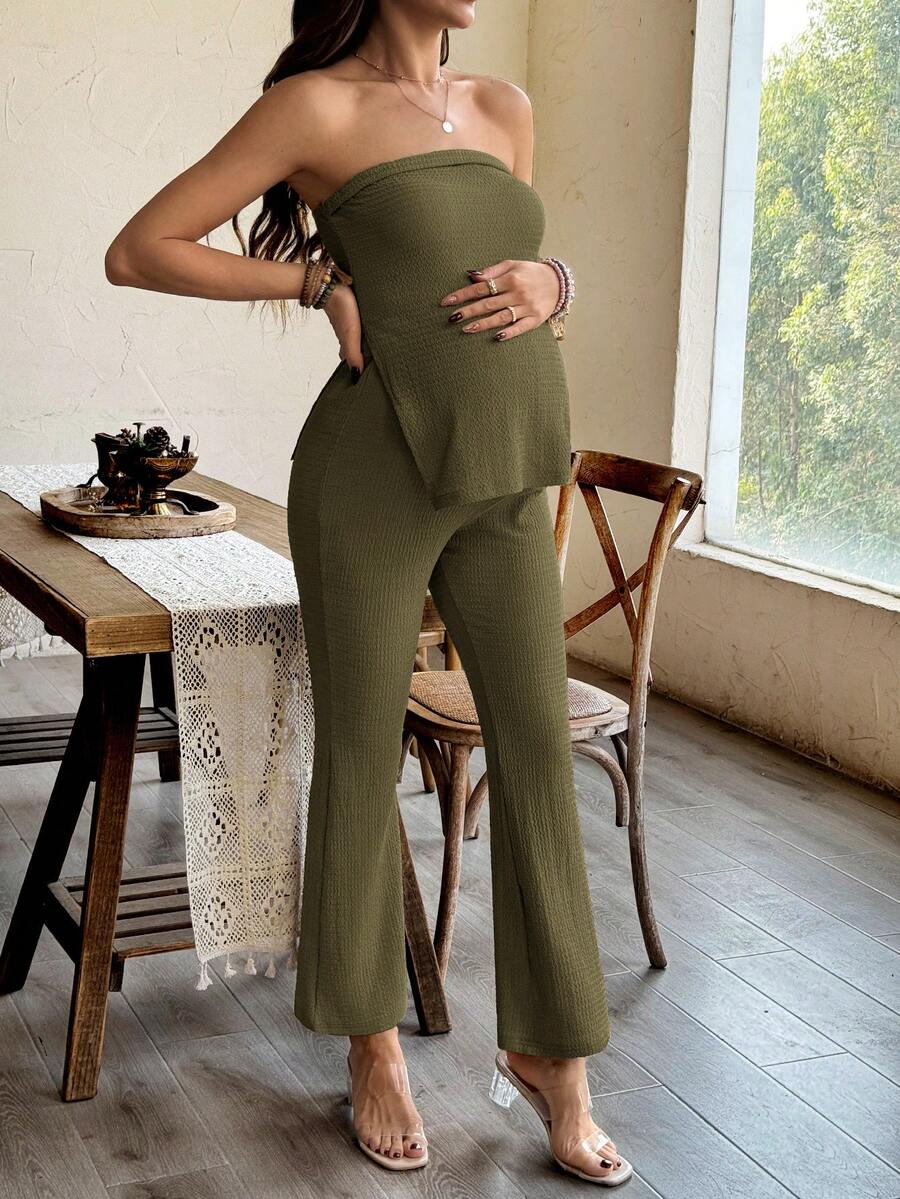Maternity 2 Piece Set Strapless Bandeau Tube Top and Split Hem Flare Pants Slim Fit Knit Casual Pregnancy Outfit in Blue
