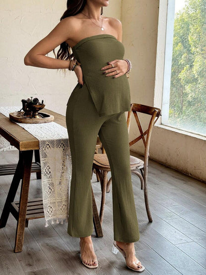 Maternity 2 Piece Set Strapless Bandeau Tube Top and Split Hem Flare Pants Slim Fit Knit Casual Pregnancy Outfit in Blue